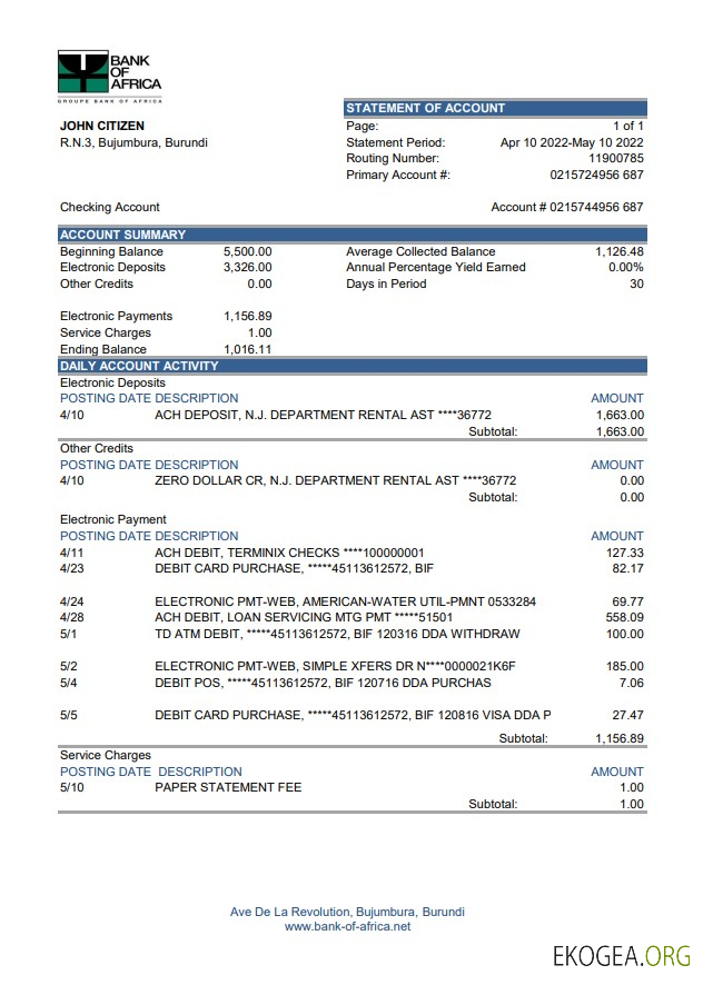 Relevé bancaire de la Bank of Africa du Burundi